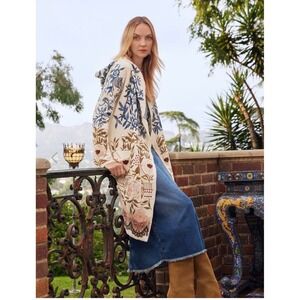 Biya Johnny Was Teresa Embroidered Hooded Cardigan Duster Ecru Bird Floral Small